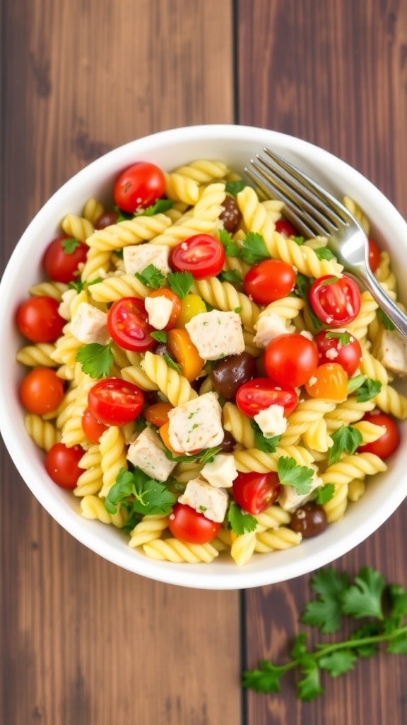 Tuna Orzo Pasta Salad Recipe A colorful Tuna Orzo Pasta Salad with cherry tomatoes, bell peppers, and parsley on a rustic table.